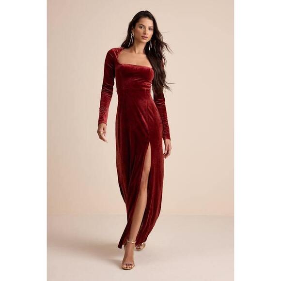 Lulus Dresses & Skirts - Lulus Lovely And Luminous Rust Velvet Long Sleeve Column Maxi Dress